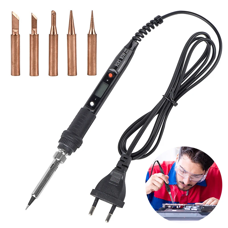 

6-in-1 LCD Digital Display Electric Soldering Iron Kit 80W Adjustable Temperature With 5pcs Solder Tip Welding Equipment Set