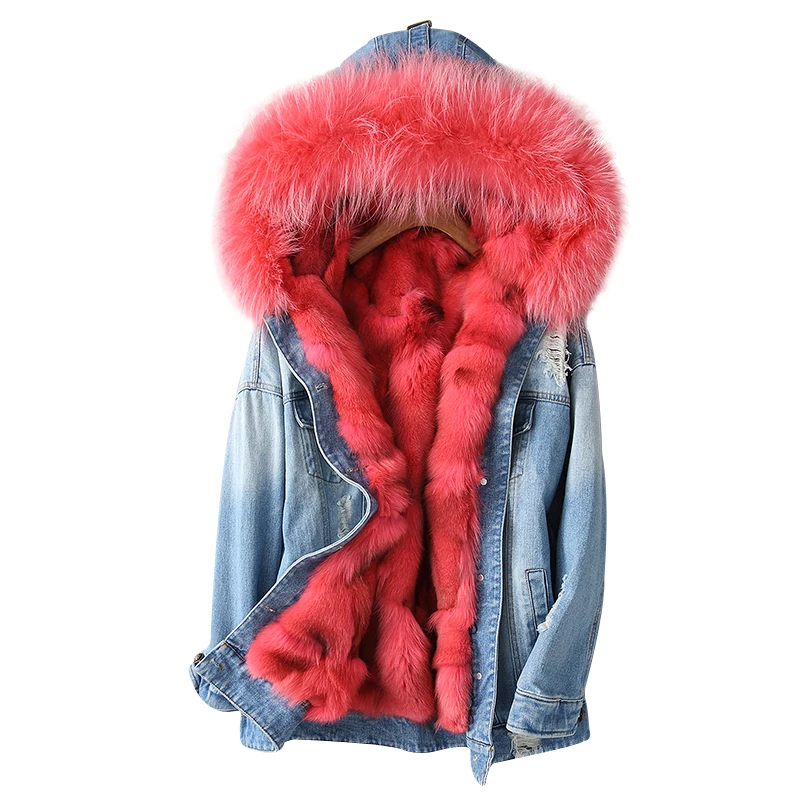 

2019 Denim Parka Real Fur Coat Winter Jacket Women Natural Fox Fur Collar Hood Thick Warm fox fur Liner Outerwear