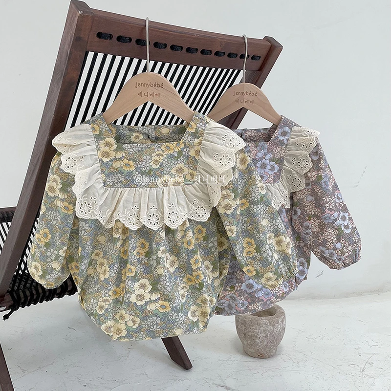 

sunflower patern Baby Girl lace Rompers for 0-24M Long Sleeve Jumpsuit One-piece infant outfit autumn newborn baby girls clothes