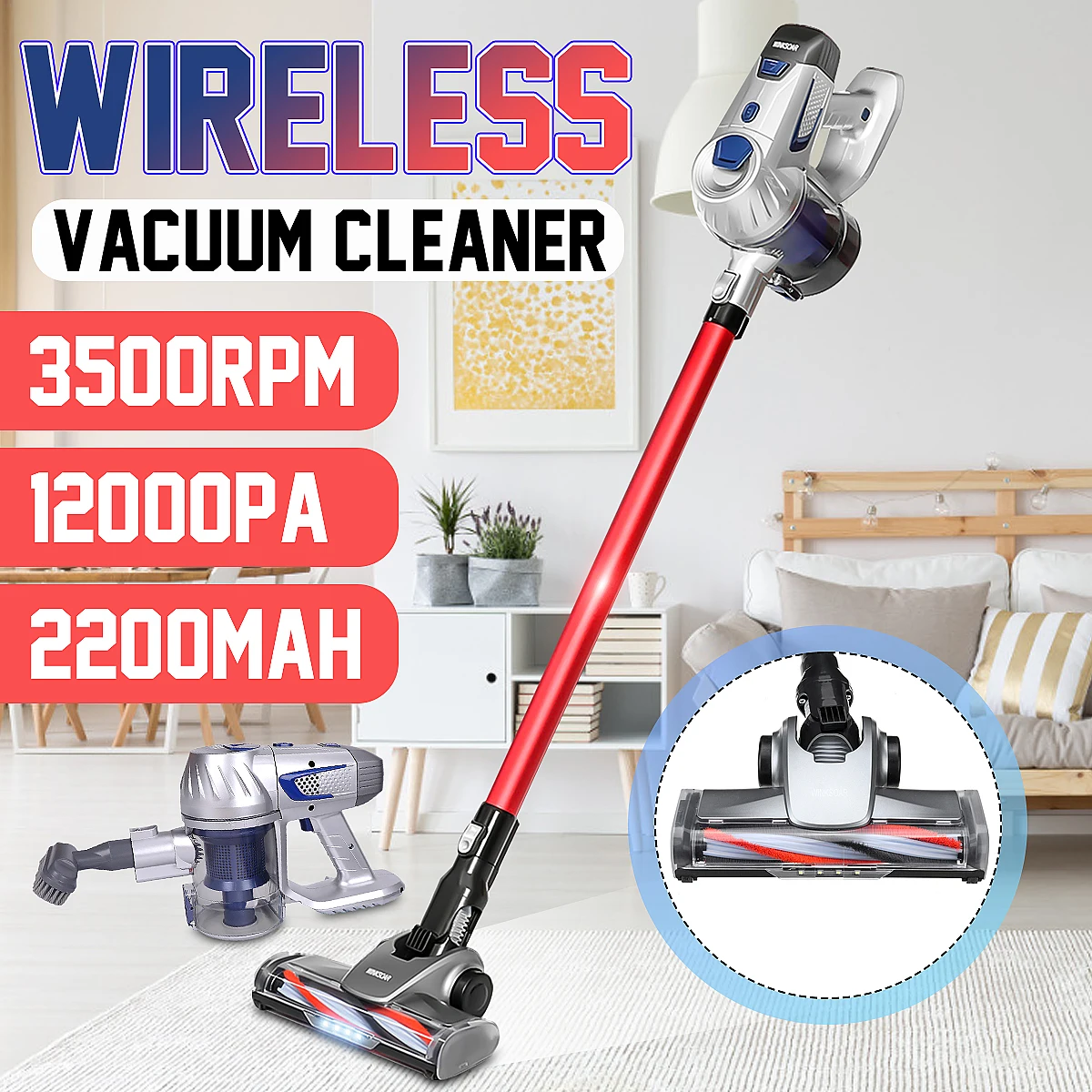 

120W Wireless Suction Vacuum Cleaner Low Noise Multi-function Strong With LED Lights Two-speed Control Home Portable