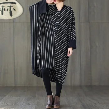 

Plus Size 4XL 5XL 6XL 7XL Batwing Dress For Women Autumn Winter Stripe Splice Oversize Shirt Dresses Loose Cotton Dress Vestidos