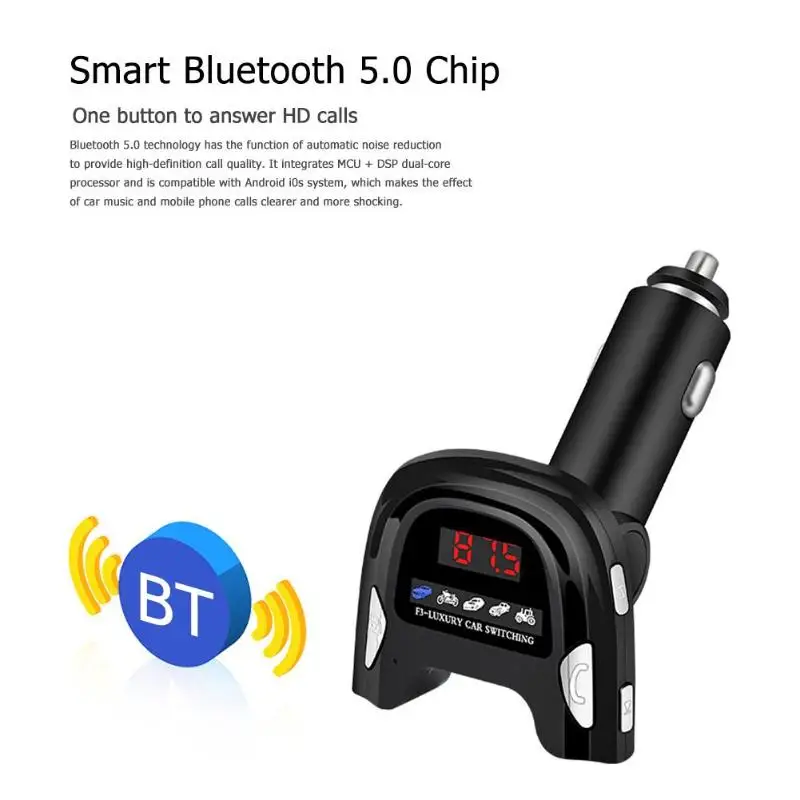 Bluetooth 5,0, автомобильное двойное USB зарядное устройство, громкая связь, аудио, MP3 плеер, fm-передатчик, один щелчок, чтобы разрезать песни, ответить/повесить телефон