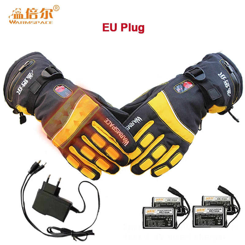Yellow EU plug Теплые зимние перчатки Warmspace 7,4 В с подогревом и литиевой батареей для катания на лыжах - Цвет: Yellow EU plug