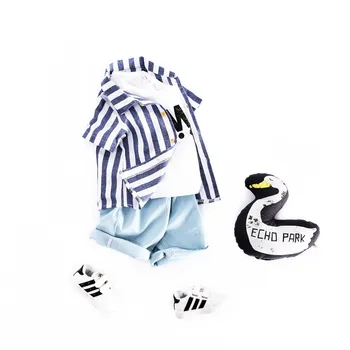 

2021 Boys suit summer striped shirt children clothing wholesale denim bamboo shorts kid Short Sleeve Costume two-piece