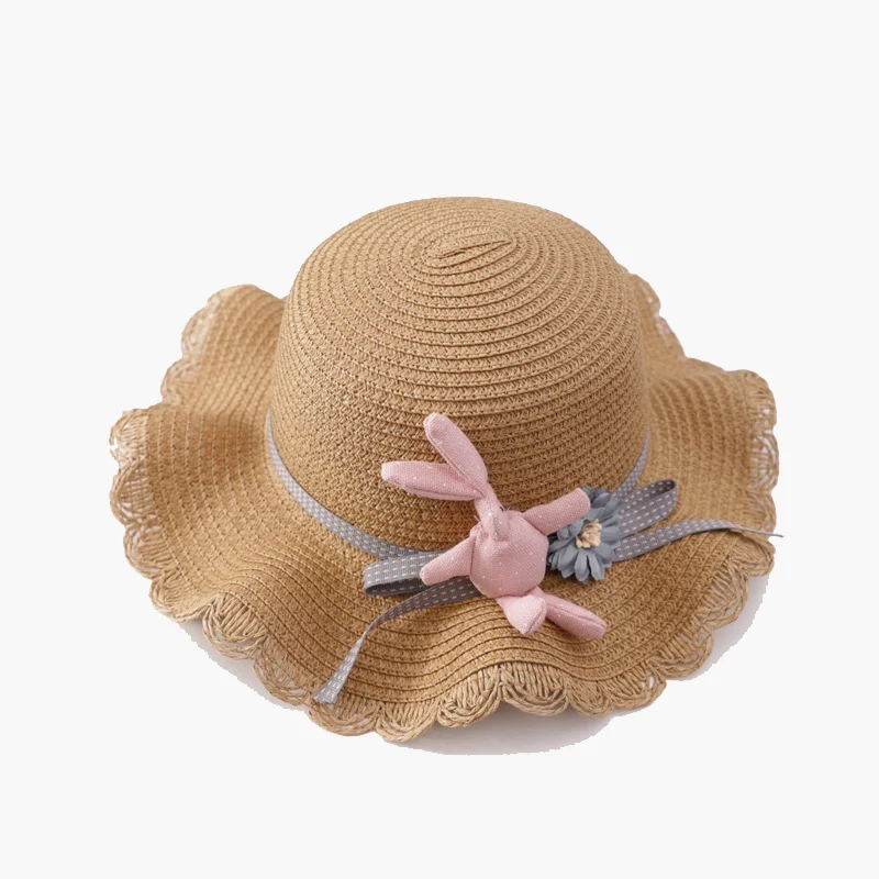 Летняя шапочка для девочек, дышащие соломенные шапки, шапочки с помпонами, шапка принцессы с кроличьими цветами, милая пляжная сумка для детей, пляжные шляпы, набор S9589