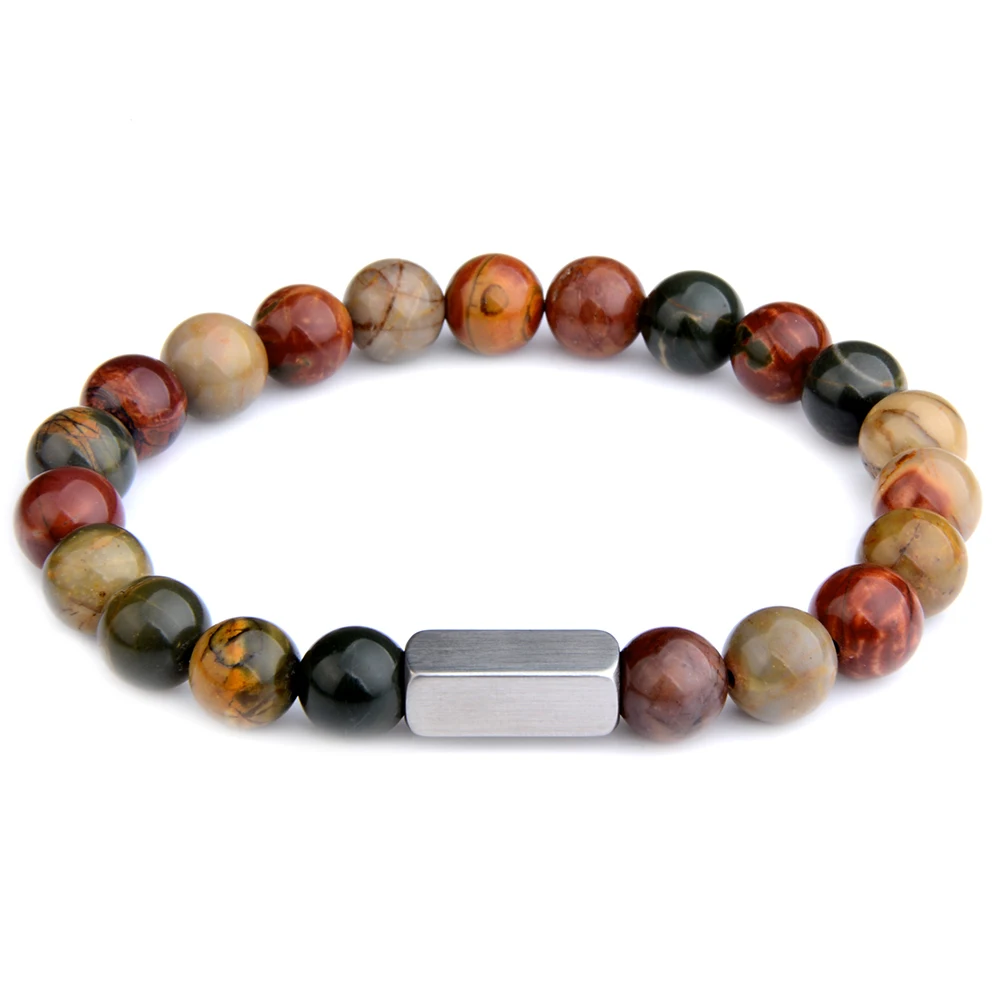 Naturstein Perlen Armband Edelstahl Platz Tiger Auge Lava Klassische Natürliche Stein Armband Für Frauen Männer Schmuck – Detail 3