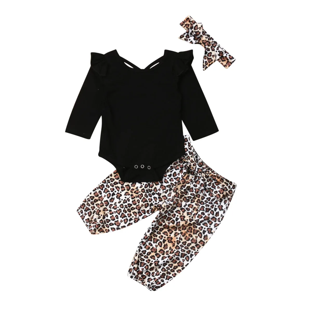 

2020 New Fall Autumn 3M-3Y Toddler Baby Girl 3Pcs Set Black Back Bandage Ruffled Long Sleeve Bodysuit+Leopard Print Pants+Bow
