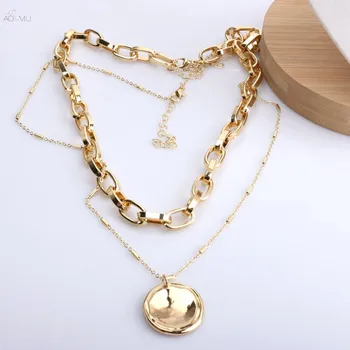 

AOMU Metal Gold Color Chain Strip Multilayer Necklace Geometric Round Sequins Pendant Necklace For Women Fashion Jewelry Gift