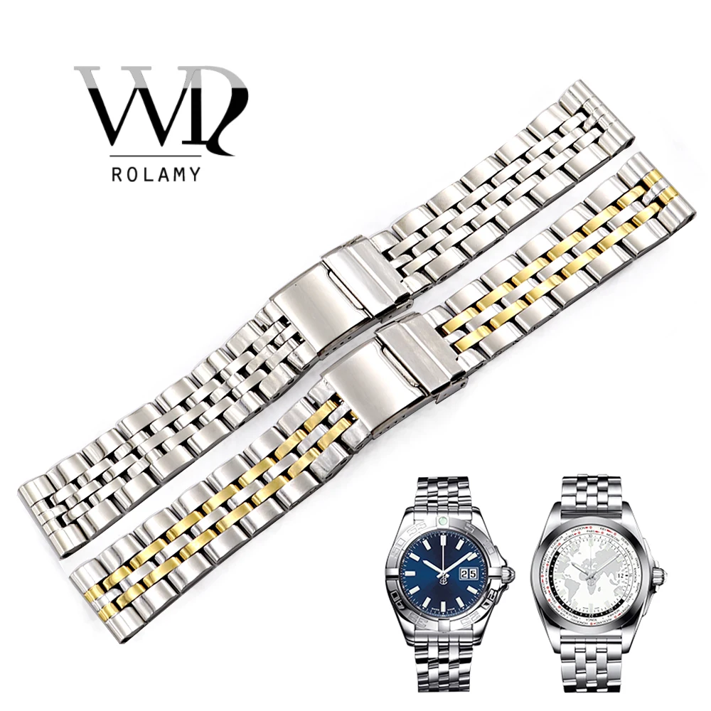 

Rolamy 22 24mm Silver Two Tone Gold 316L Stainless Steel Wrist Watch Band Strap For Bretiling AEROSPACE 1884