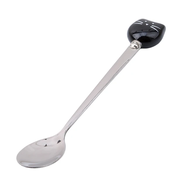 black cat spoon Нержавеющая сталь ложка с милым рисунком кота вилка Нержавеющая сталь с длинным перемешиванием ложка, вилка для фруктов Кофе Керамика ручка вечерние поставки - Цвет: black cat spoon