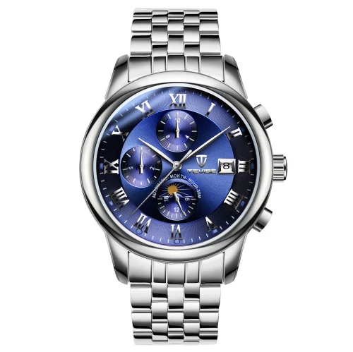 silver blue Tevise лучший бренд механические часы для мужчин из нержавеющей стали многофункциональные автоматические часы Роскошные мужские часы-Скелетон часы - Цвет: silver blue