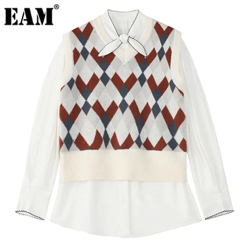 

[EAM] Women Pattern Knitting Temperament Blouse New Stand Collar Long Sleeve Loose Fit Shirt Fashion Spring Autumn 2020 1DC037