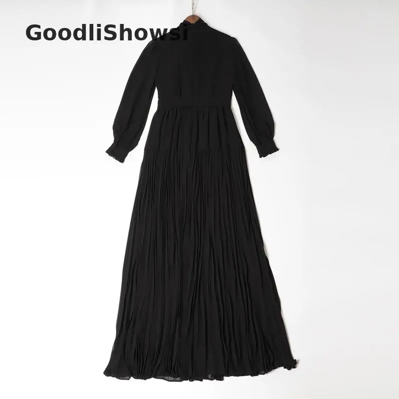 GoodliShowsi, Модное Элегантное Длинное Макси платье, одноцветное, с бантом, воротник, официальное платье с аппликацией, женское плиссе в гармошку, платья