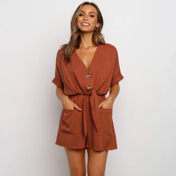 

Short-sleeved Tie V-neck Elastic Waist Female Jumpsuit Fashion Button Pocket Stitching Beach Casual Ladies Shorts Jumpsuit