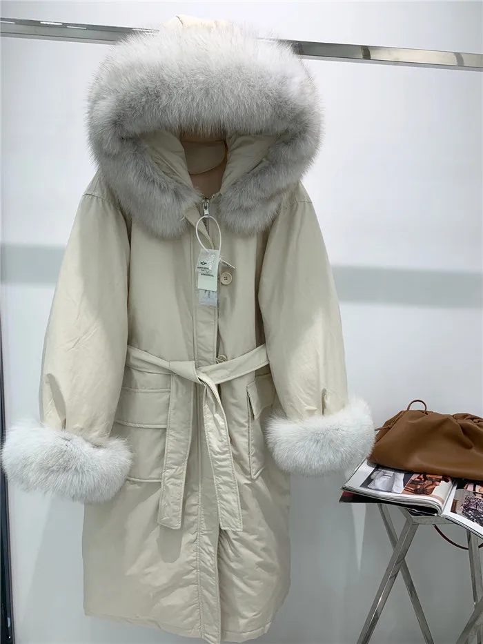 beige Зимнее Свободное пальто с воротником из натурального Лисьего меха, Модный повседневный женский толстый теплый длинный пуховик большого размера, парка с капюшоном, Дамское пальто - Цвет: beige