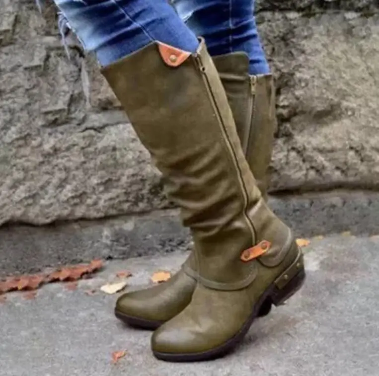 Высокие сапоги до бедра; цвет коричневый; женские винтажные кожаные сапоги до колена на квадратном каблуке и молнии; ботинки с пряжкой; сохраняющие тепло ботинки с круглым носком в британском стиле