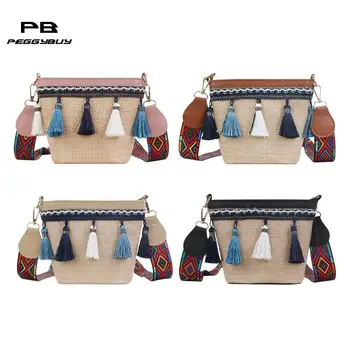 

Boho Straw Tassel Crossbody Bag Women Weave Wide Shoulder Messenger Bags