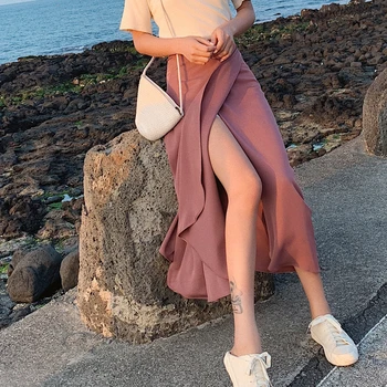 

Vintage Midi One Piece Skirts for Women Loose Solid High Waist Lace Up Chiffon Skirts Female Long Skirts 2020 Spring Summer