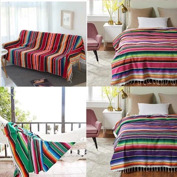 

150x213cm Mexican Tassel Blanket Mat Outdoor Stripe Rainbow Beach Blankets Mat for Beds Travel Picnic Sofa Cotton Fleece Cover