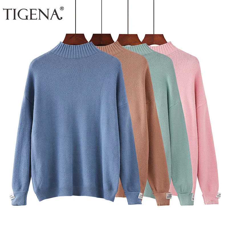 TIGENA Thick Warm Winter Turtleneck Sweater Women 2019 Korean Long Sleeve Knit Pullover Female Jumper White Pink | Женская одежда