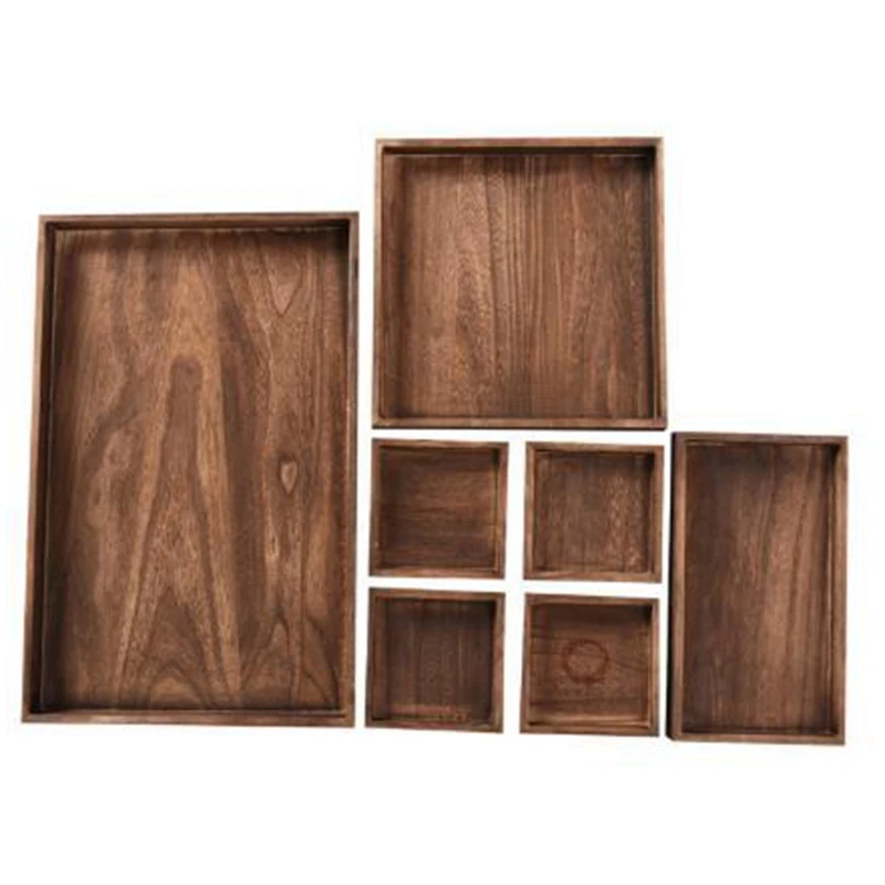 7Pcs/Set Wooden Tea Tray Serving Table Plate Snacks Dessert Food Storage Dish Tea Coffee Breakfast Tray Hotel Home Serving Tray