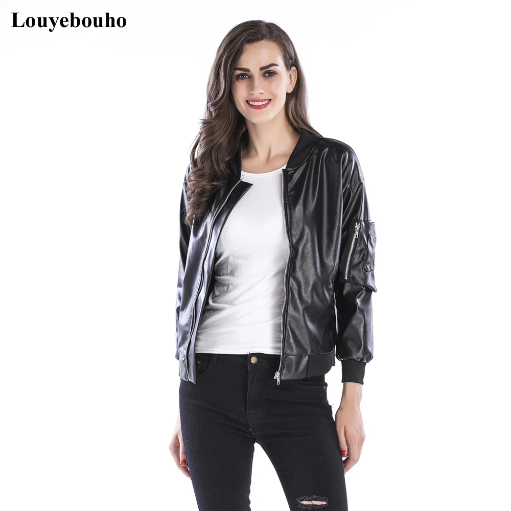 

Women Casual PU Biker Bomber Jacket 2019 Autumn Slim Leather Motorcycle Outwear Zipper Black Outerwear Coat with Sleeve Pocket