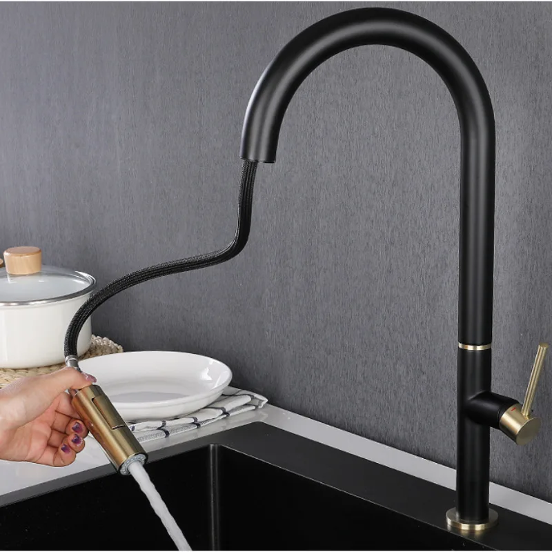 Top Quality Black Gold Brass Kitchen sink faucet Pull Out Copper Cold hot water Kitchen Tap With 2 Functions spray head
