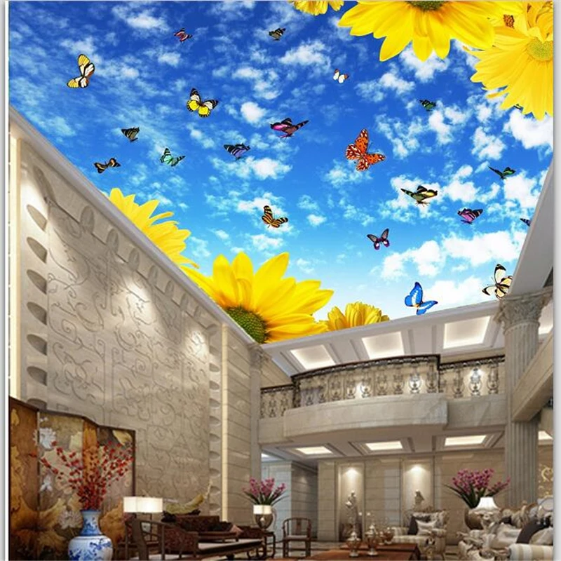 

Drop Shipping Custom Wallpaper 3D Photo Mural Beautiful Blue Sky White Cloud Butterfly Ceiling Zenith Papel De Parede 3d