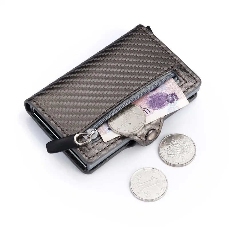 Bycobecy RFID Top Quality Carbon Fiber Credit Card Holder Business Men Button Wallet New Male Coin Purse ID Holder with Zipper