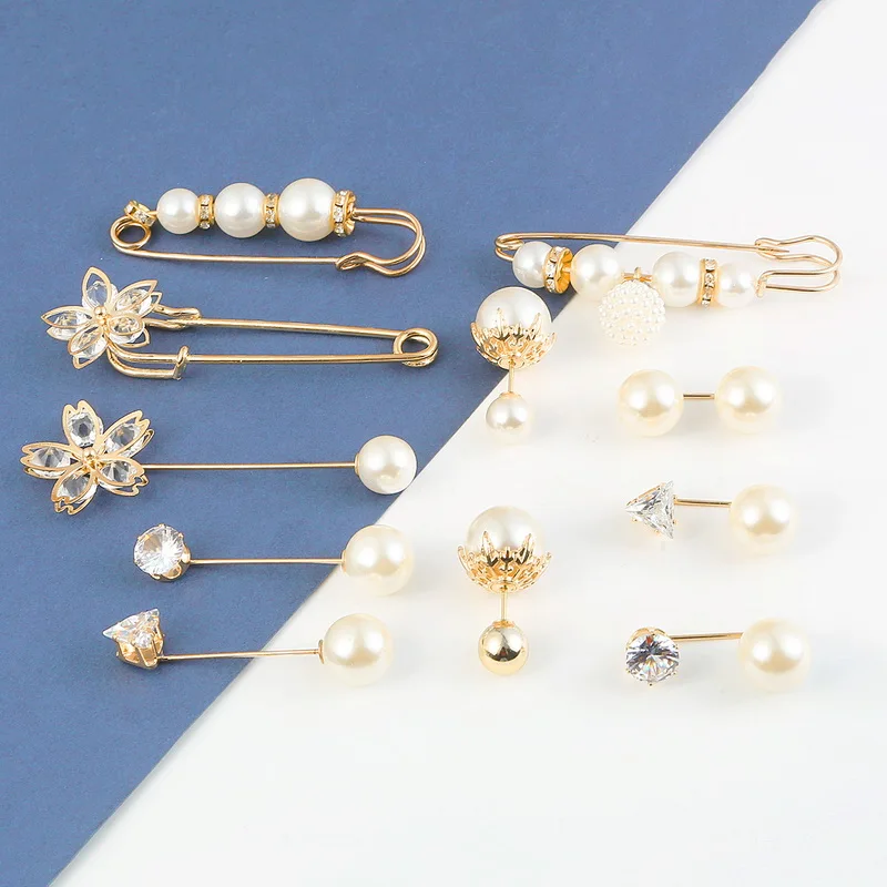 

Fashion Imitation Pearl Rhinestone Brooch Classic Flower Charm Simple Double Pearl Brooches Buckle Pin for Women Wedding Jewelry