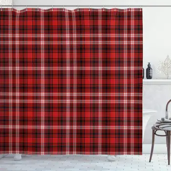 

Plaid Shower Curtain, Nostalgic Striped Pattern from British Country with Constrasting Colors, Cloth Fabric Bathroom Decor Set