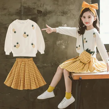 

2020 spring Sweet Children's Suit Girls Autumn New Cotton Sweater Shirts+ Skirts Sets Big Children's Pineapple Two-piece