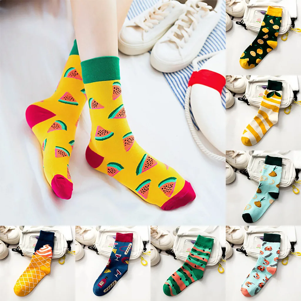 Print Casual Cotton Socks Women's Creative Bright Color Unisex In The Tube Socks Cheap Stuff Women Fruit Socks Носки Детские