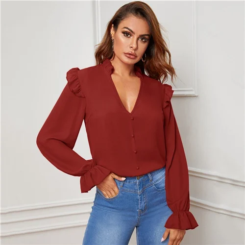 SHEIN Red Ruffle Trim Buttoned Front V Neck Blouse Top Women Spring Autumn Sheer Blouses Flounce Long Sleeve Solid Elegant Tops - Цвет: Бургундия