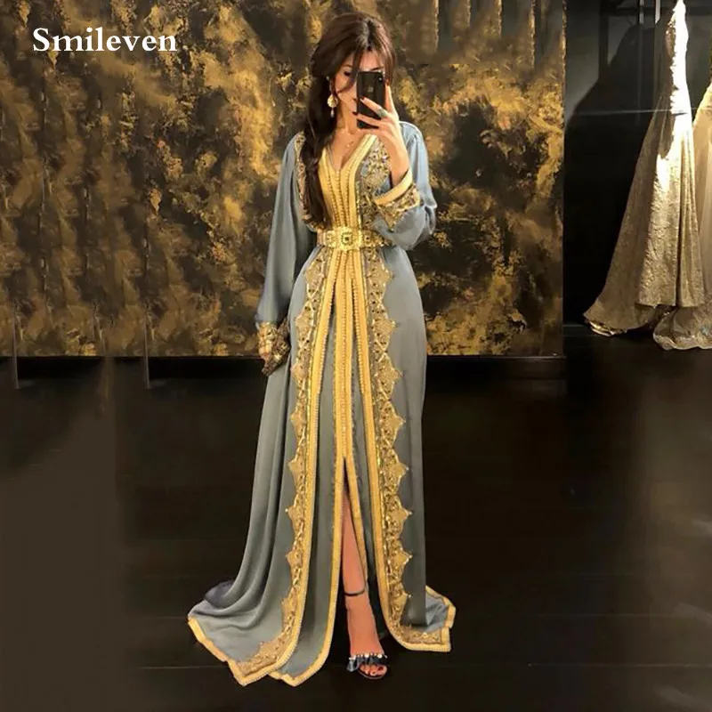 

Smileven Silver Moroccan caftan Evening Dresses V Neck Crystal Algeria Arabic Special Occasion Dresses Lace Muslim Party Gowns