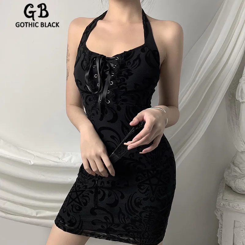 Gothblack Sexy Halter Slim Mini Dress Gothic Women Eyelet Lace Up Solid Color Bodycon Dresses Female Streetwear Summer | Женская одежда