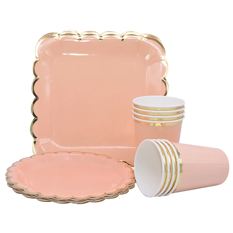 Цвета: розовый, белый Вечерние набор одноразовой посуды бумажный стаканчик, тарелка салфетки питьевые соломки для маленьких детей День рождения Baby Shower поставки