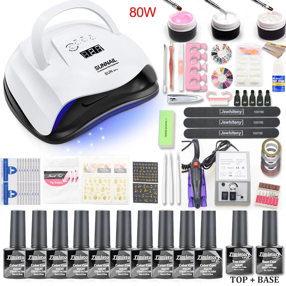 80W sunx plus 10pcs Набор для ногтей, УФ светодиодный светильник, Сушилка для ногтей, Гель-лак для ногтей, набор инструментов для маникюра, 20000 ОБ/мин, электрическая дрель для ногтей, инструменты для дизайна ногтей - Цвет: 80W sunx plus 10pcs