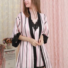 Халат пижамы летние черные кружева розовый полосатый халат атласная ночная рубашка невесты халат Мода