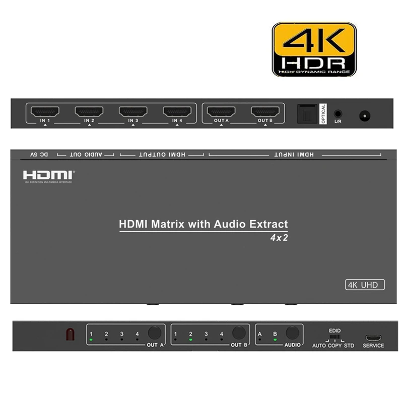 4X2 HDMI матричный распределитель HDCP 2,2 EDID 4K2K(4:2:0) конвертер UHD оптический L/R цифровой аналоговый аудио экстрактор+ пульт дистанционного ЕС P