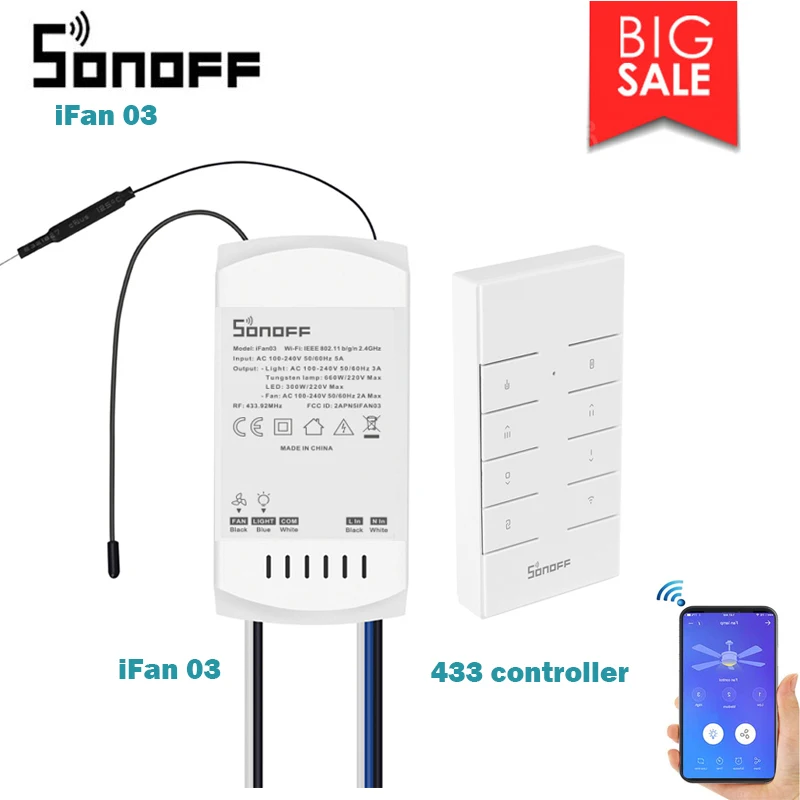 

Ewelink itead SONOFF IFan03 Wi-Fi Ceiling Fan And Light Controller Supplied with a 433mhz RF remote controller Remote control