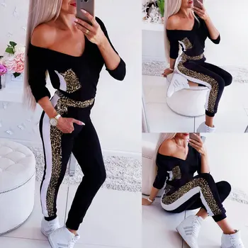 

2020 Autumn Winter Printed Women Jumpsuits Sexy V-Neck Leopard Splice Pocket Long Sleeve bodysuits Lady Slim Black Long Jumpsuit