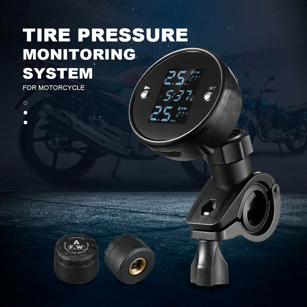 Мотоцикл TPMS в реальном времени-прибор для определения времени ЖК-экран цифровой дисплей Система контроля давления в шинах двигателя с 2 внешними датчиками