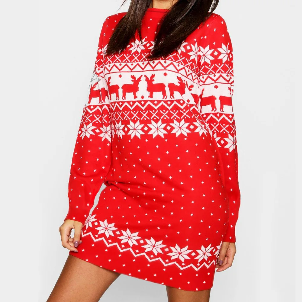 Новое осенне-зимнее рождественское платье для женщин сексуальное с принтом снежинок оленей мини с круглым вырезом и длинным рукавом повседневное вечернее платье