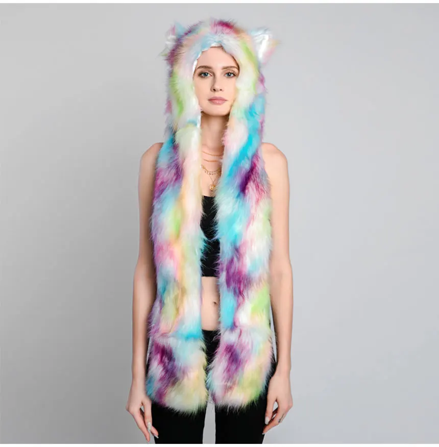 

Tie Dye Faux Fur 3 in 1 Multifunctional Hat With Led Lighting Winter Hat And Scarf For Women Animal Hats With Paws For Adult