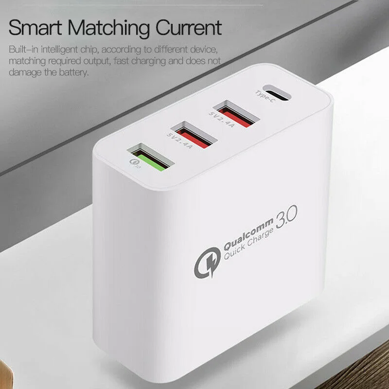 

Wall Charger Adapter 4 Ports Type C USB Charger Adapter Quick Charge for Home Office FKU66