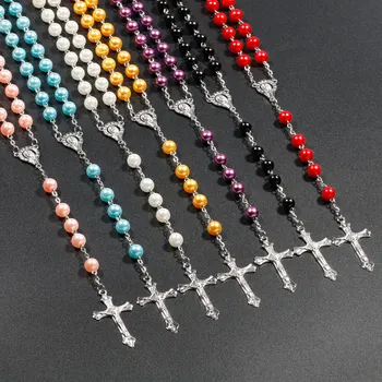

10pcs Religion Christian Faux pearl Rosary necklace For Women Virgin Mary Jesus Cross pendant Long beads chains Fashion Jewelry
