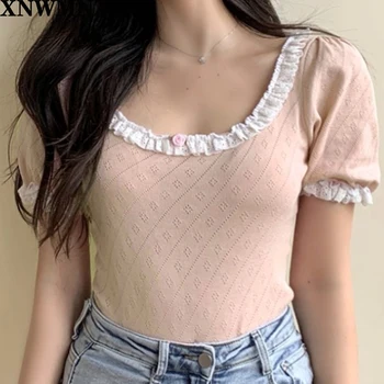 

XNWMNZ Retro Knitted Women T-shirt Elegant Lace Patchwork women Tshirt Vintage Half Sleeve tshirt women harajuku Tee