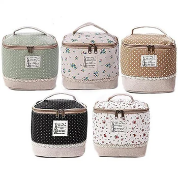 

Multi-Function Cotton Linen Floral Dot Cosmetic Bag Makeup Bag Travel Toiletry Organizer Hand-held Lunchbox Storage Case