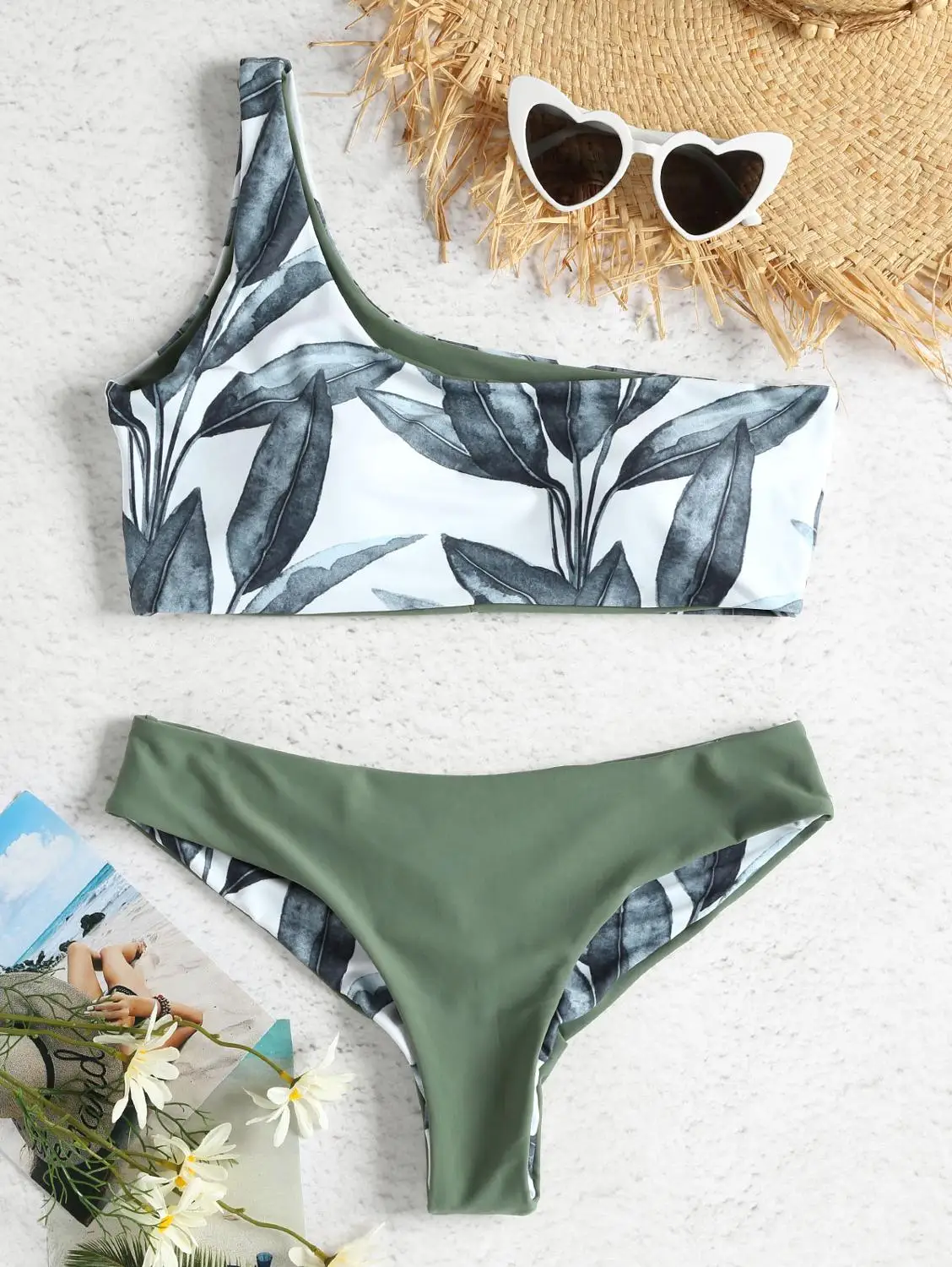 

ZAFUL Women New One Shoulder Leaves Print Bikini Sexy Low Waisted Swimwear Swimsuit Summer Beach Bikini 2019 Biquini